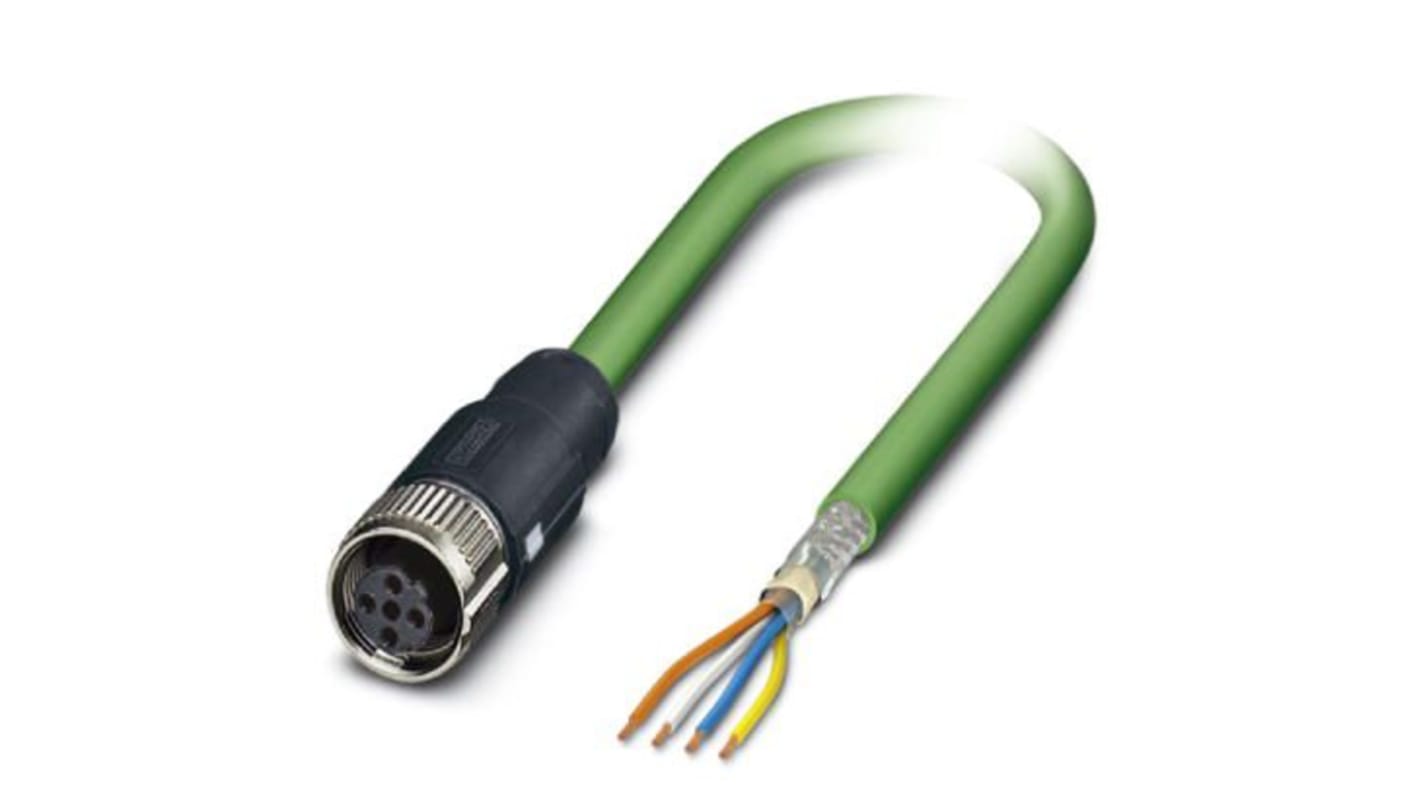 Phoenix Contact Cat5 Straight Female M12 to Unterminated Ethernet Cable, Shielded, Green, 2m