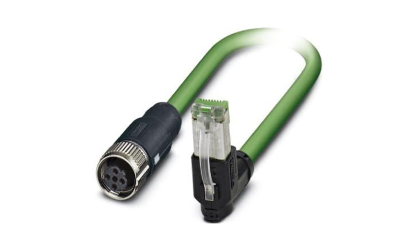 Phoenix Contact Cat5 Straight Female M12 to Right Angle Male RJ45 Ethernet Cable, Shielded, Green, 1m