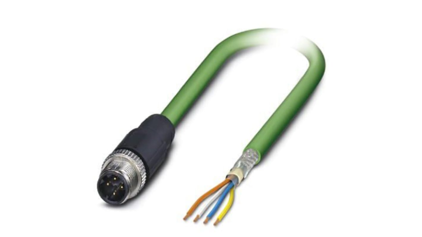 Phoenix Contact Cat5 Straight Male M12 to Unterminated Ethernet Cable, Shielded, Green, 2m