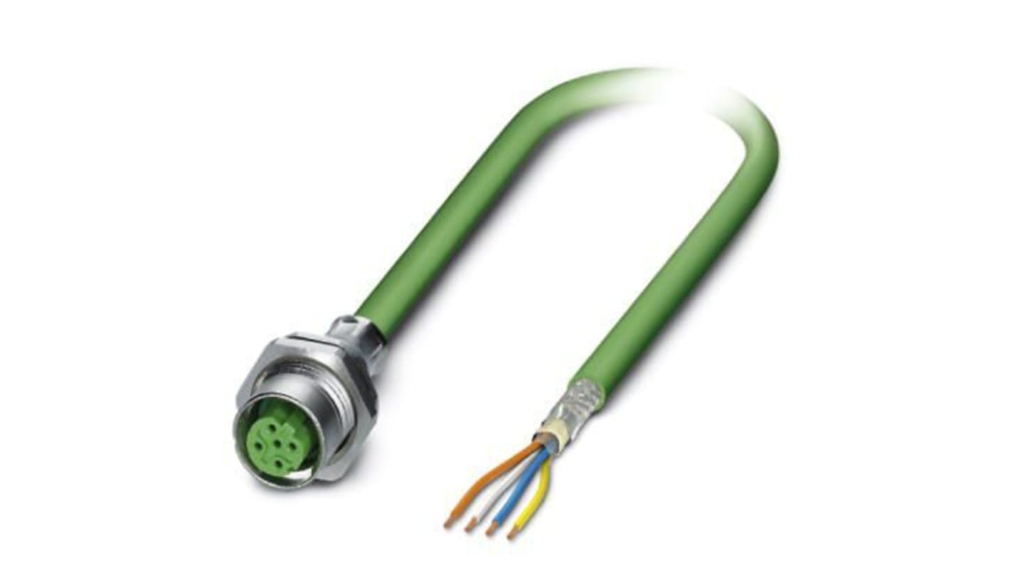 Phoenix Contact Cat5 Straight Female M12 to Unterminated Ethernet Cable, Shielded, Green, 2m