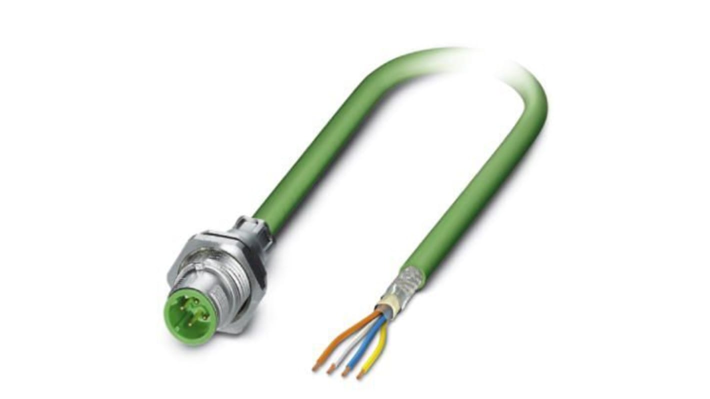 Phoenix Contact Cat5 Straight Male M12 to Unterminated Ethernet Cable, Shielded, Green, 1m