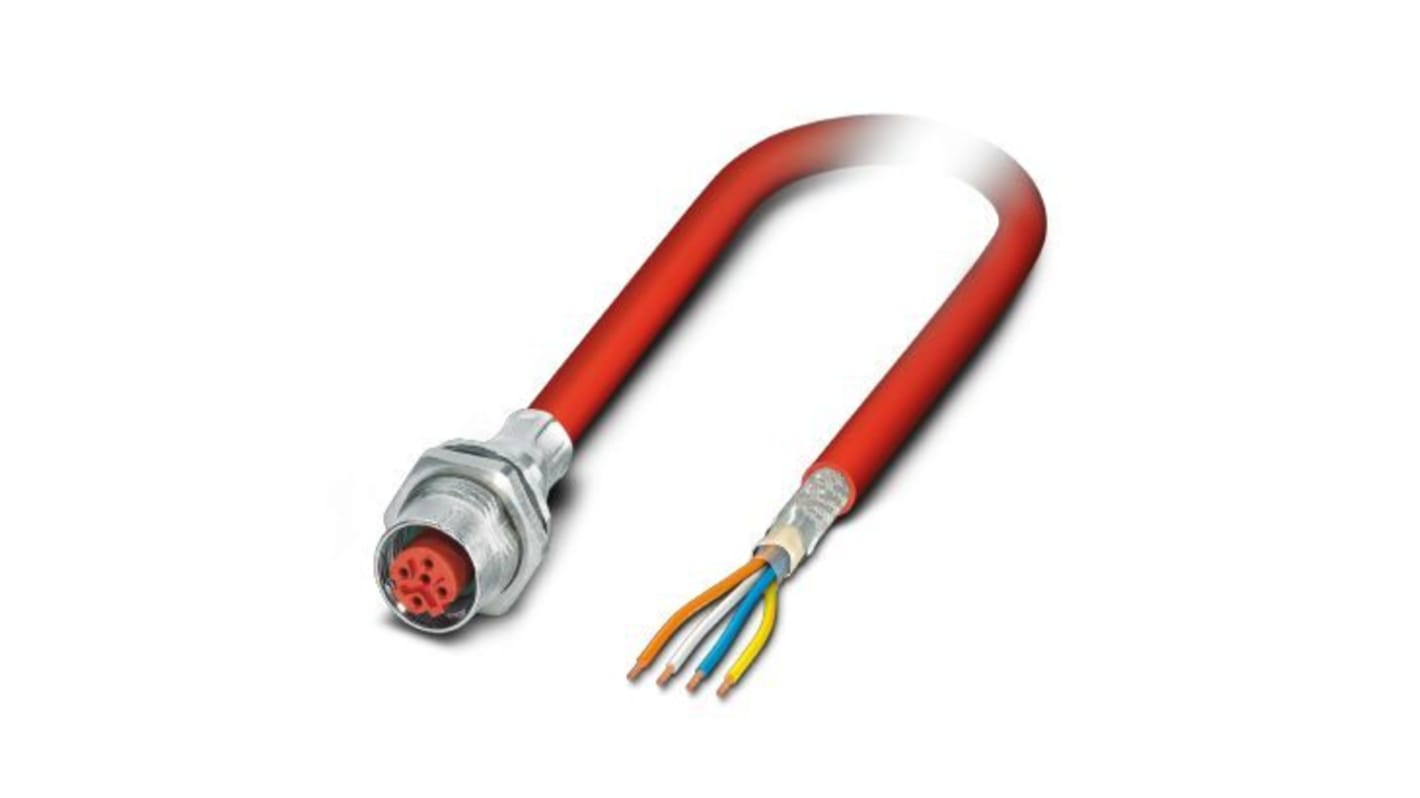Phoenix Contact Cat5 Straight Female M12 to Unterminated Ethernet Cable, Shielded, Red, 5m