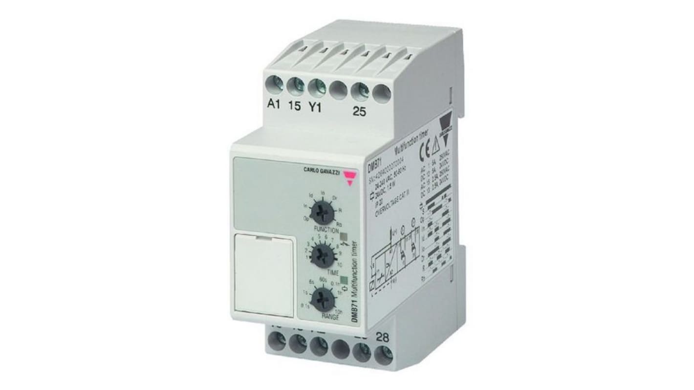 Carlo Gavazzi DIN Rail Mount Timer Relay, 240V ac/dc, 2-Contact, 0.1 to 360000s, SPDT