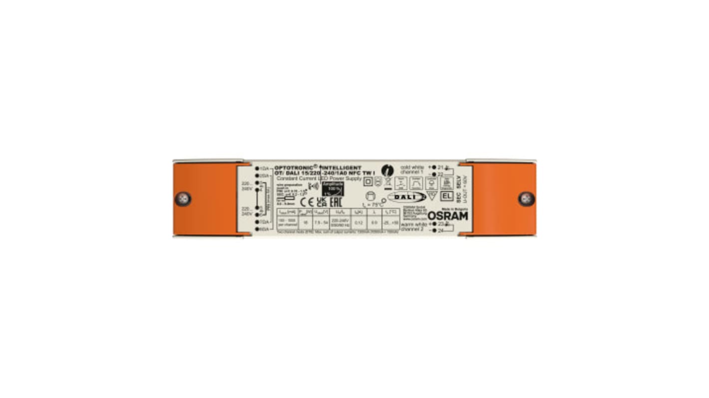 Driver LED corriente constante Osram, IN: 220 →240 V, OUT: 7.5 → 54V, 150 → 1050mA, 18W, regulable