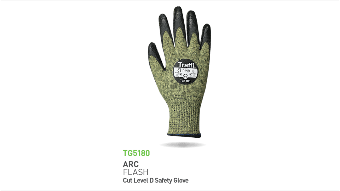 Guantes de trabajo de Acrílico, Aramida, Fibra de vidrio Verde Traffi, talla 7, con recubrimiento de Cloropreno,