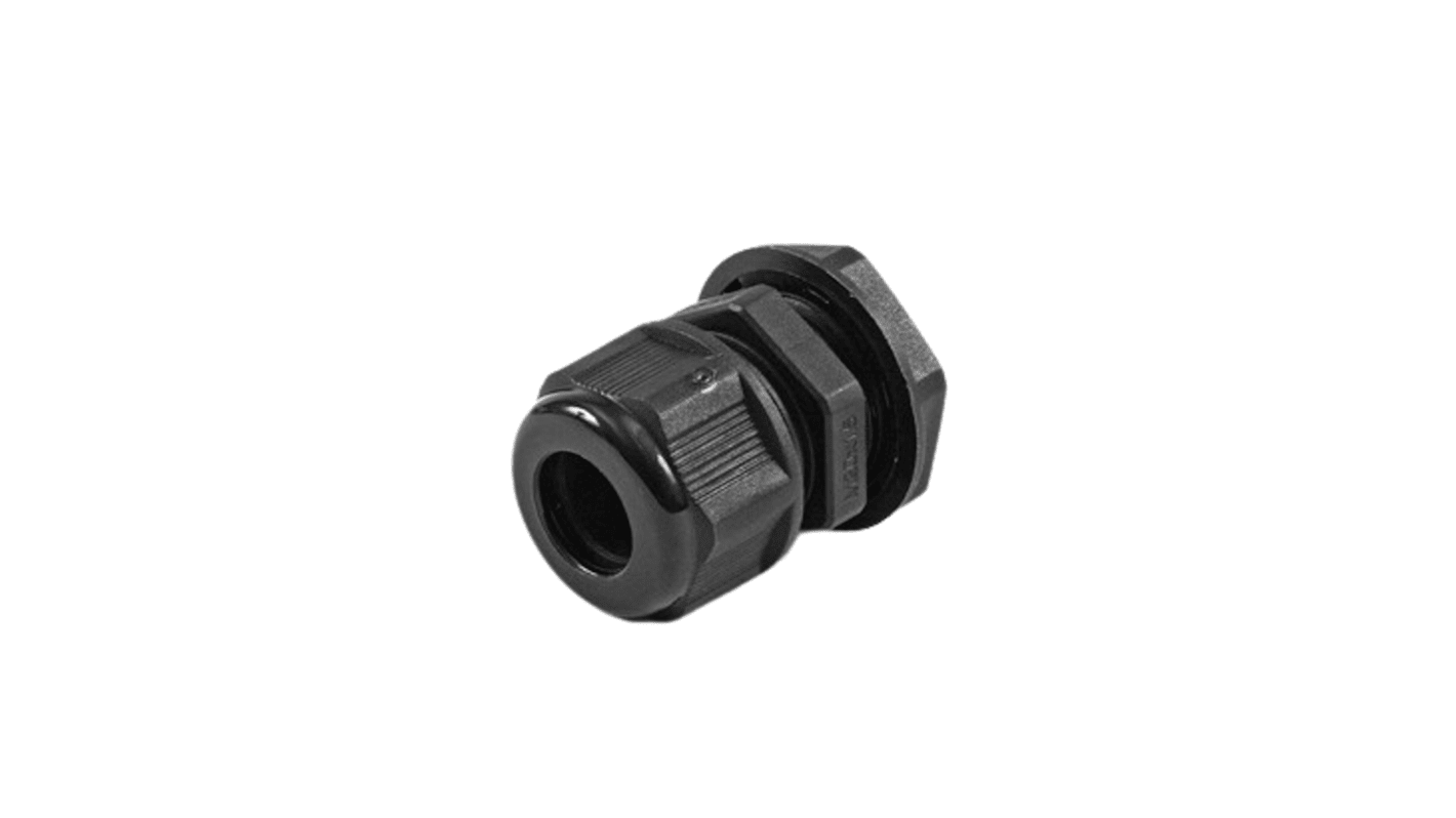 Hammond 1427NCG Series Black Nylon Cable Gland, M20 Thread, 6mm Min, 12mm Max, IP68