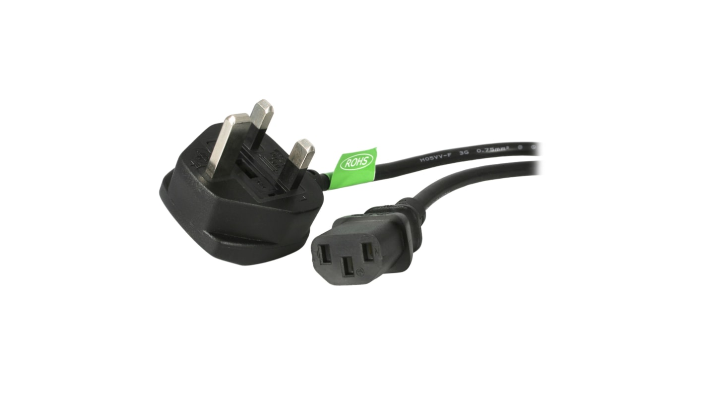 StarTech.com 3 Core Power Cable, 0.75 mm², 3m, Black Polyvinyl Chloride PVC Sheath, Power, 10 A (Amperes), 250 V
