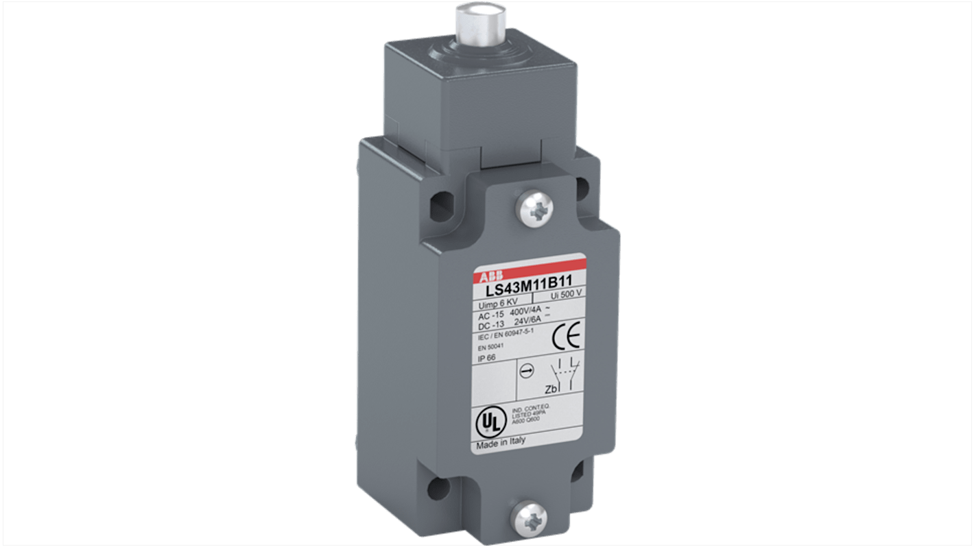 ABB Plunger Limit Switch, 1NO/1NC, IP66, Metal Housing, 400V ac ac Max