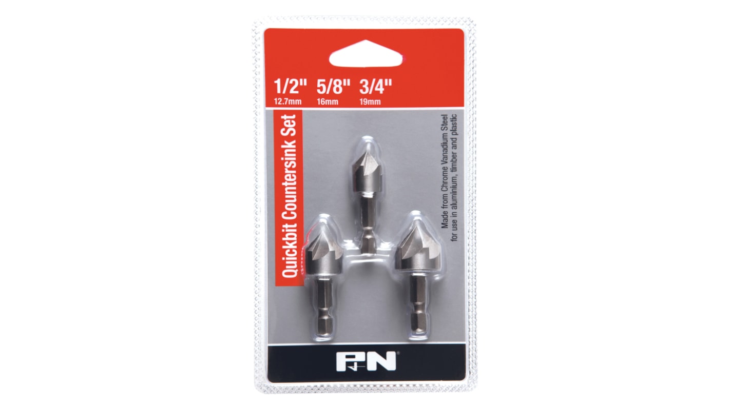 P&N Chrome Vanadium Countersink Set, 12 mm, 16 mm, 19 mm Head, 5 Flute(s), 90°