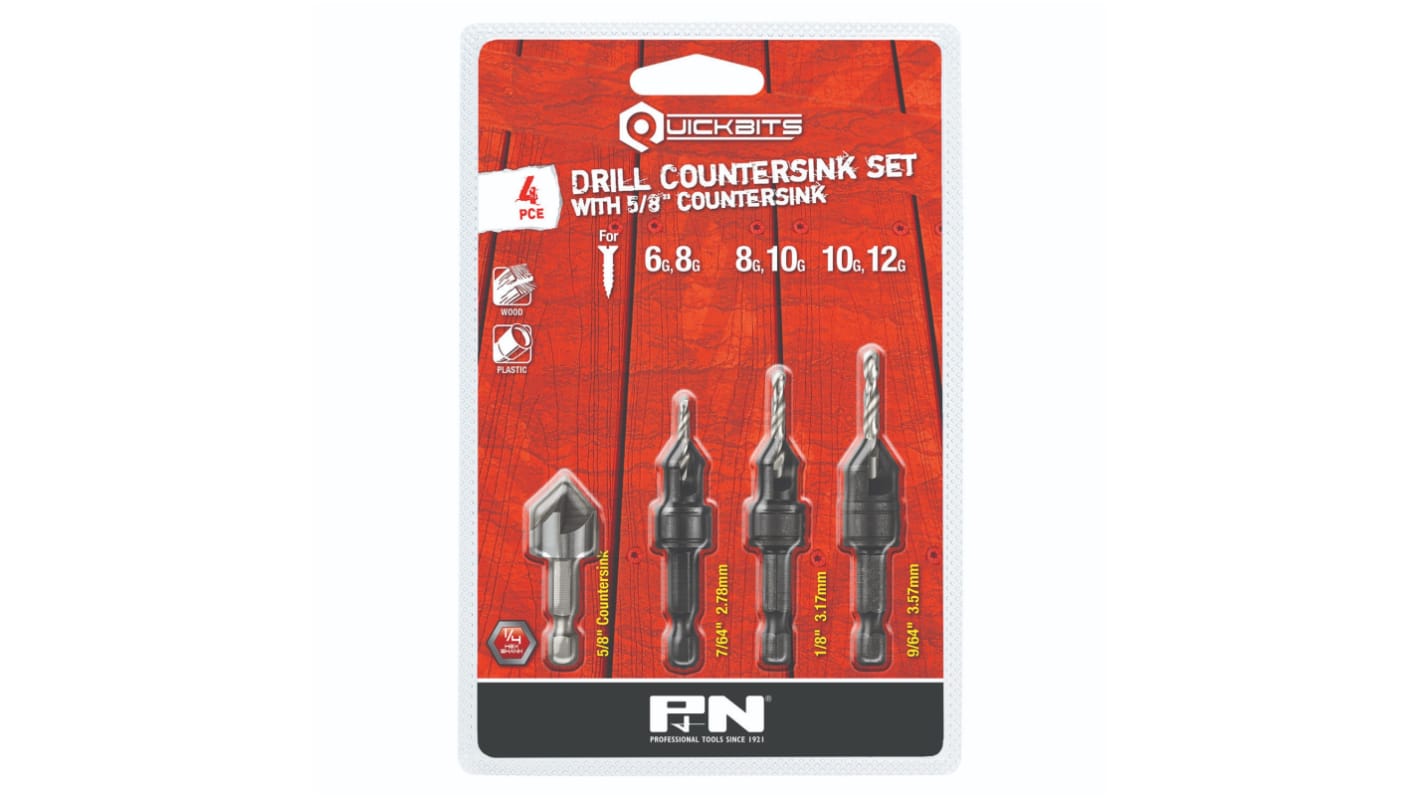 P&N High Speed Steel Countersink Set, 1/8 in, 3/32 in, 7/64 in, 9/64 in Head, 2 Flute(s), 82°