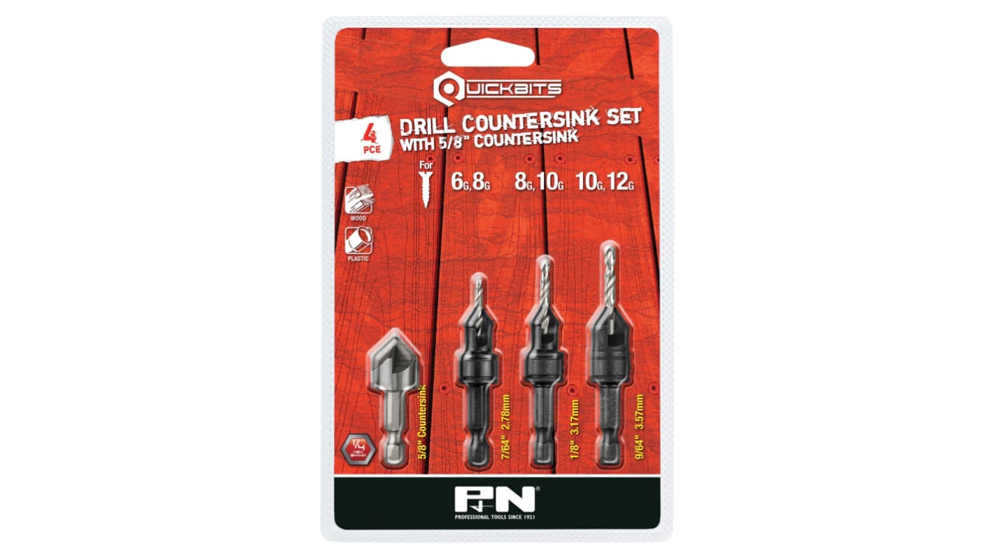 P&N High Speed Steel Countersink Set, 1/8 in, 5/8 in, 7/64 in, 9/64 in Head, 2 Flute(s), 82°