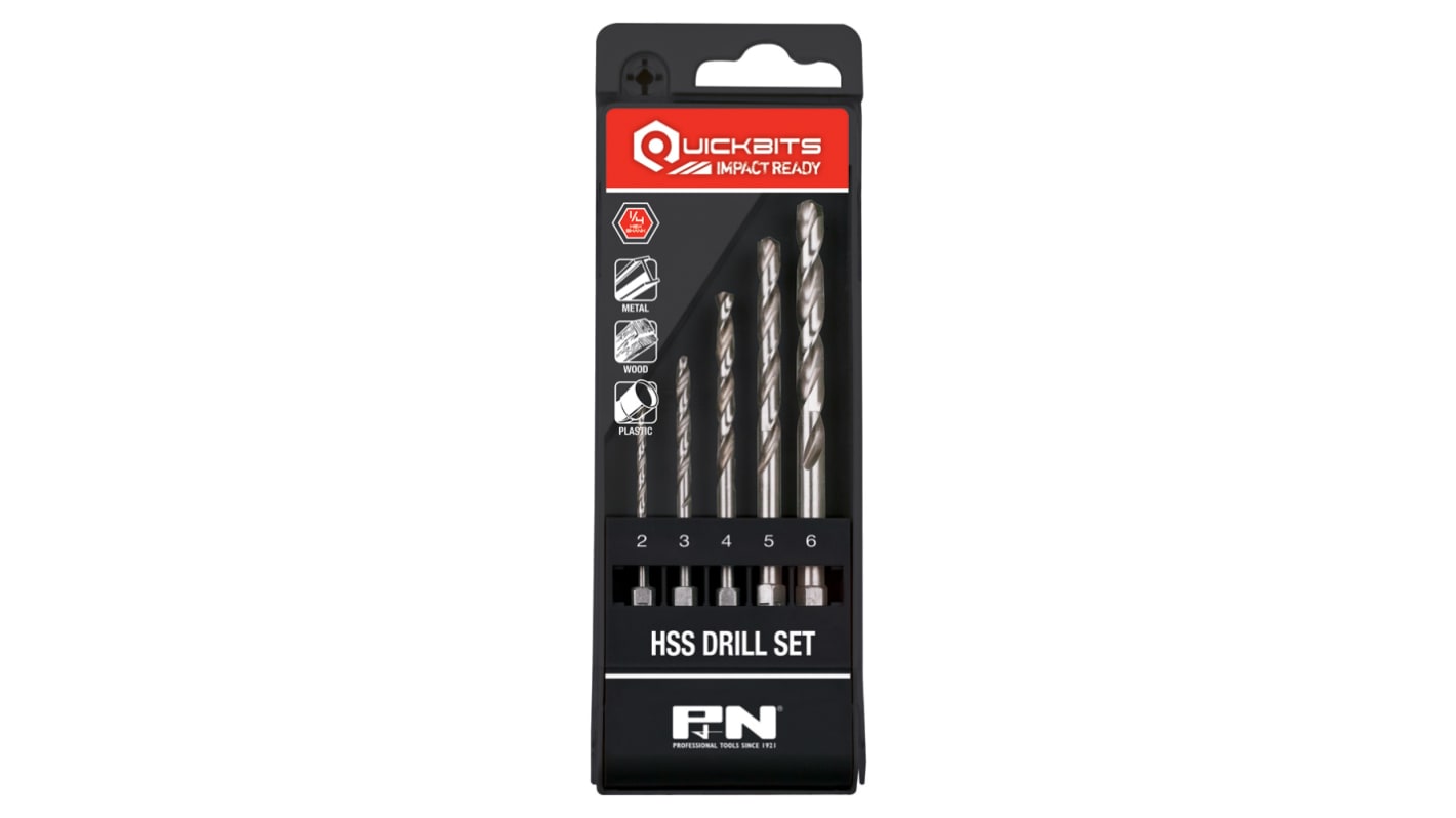 P&N 5-Piece Twist Drill Bit Set for Multi-Material, 6mm Max, 2mm Min, High Speed Steel Bits