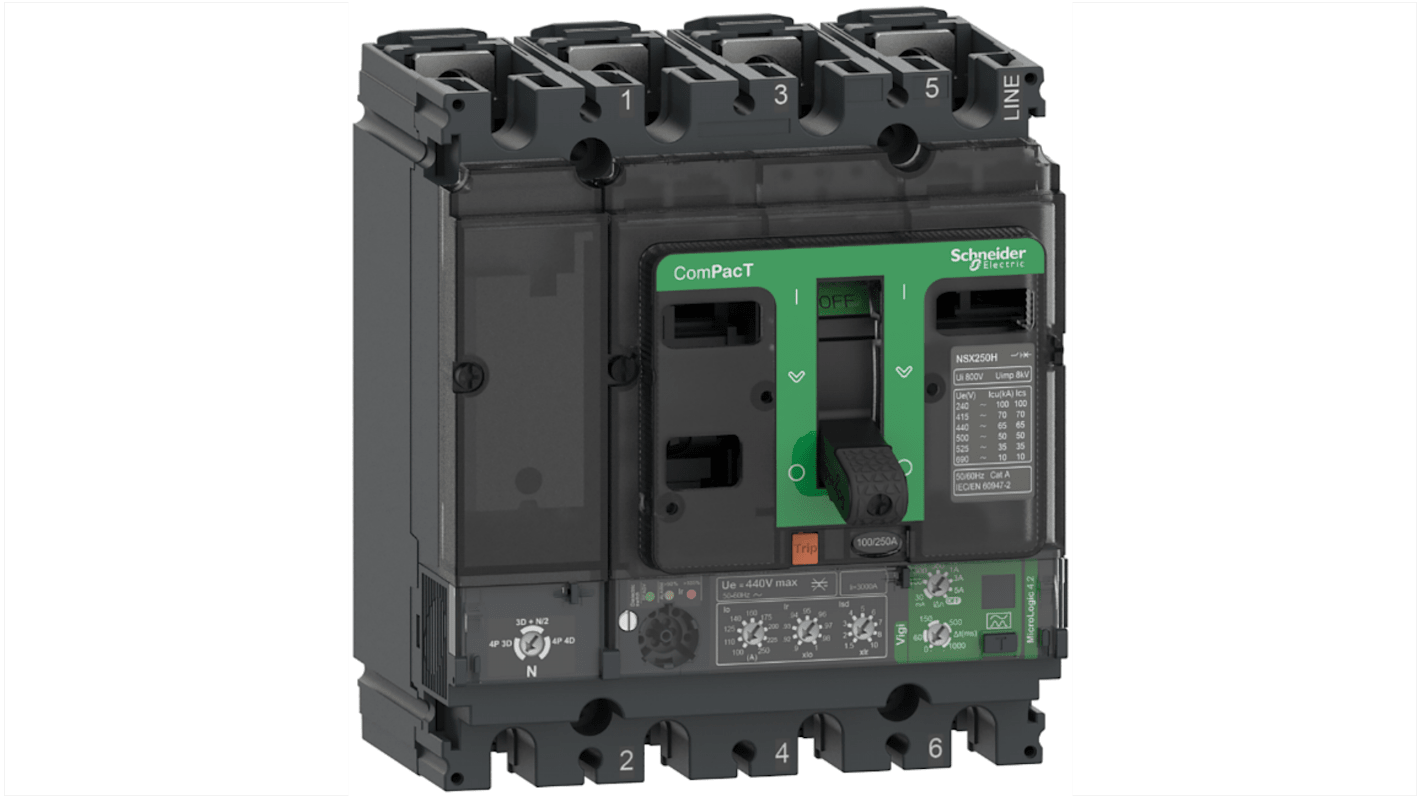 MCCB Schneider Electric, 4 Polos, 160A, Montaje fijo, Nueva generación ComPacT, NSX160B