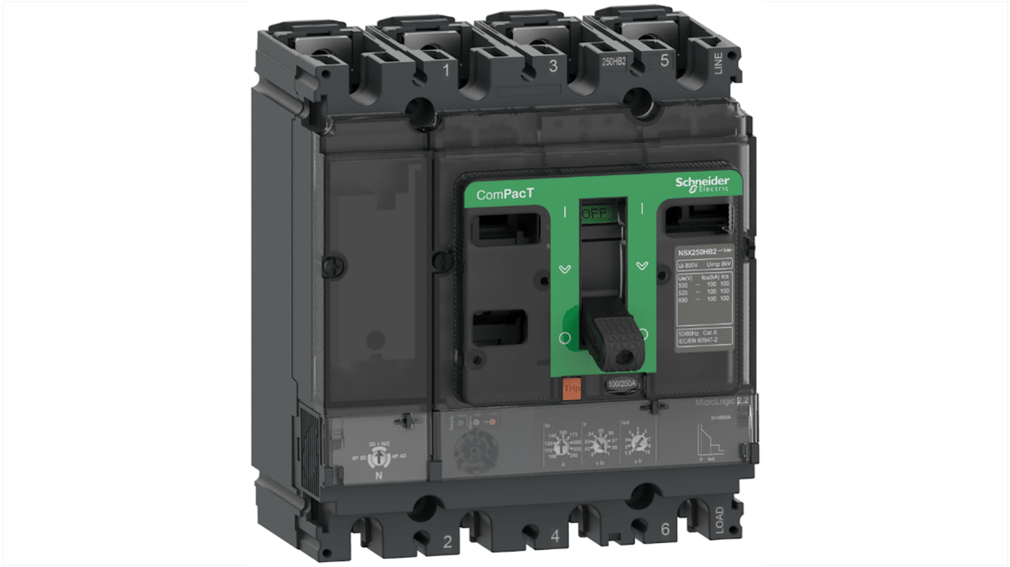 MCCB Schneider Electric, 4 Polos, 100A, Montaje fijo, Nueva generación ComPacT, NSX160F