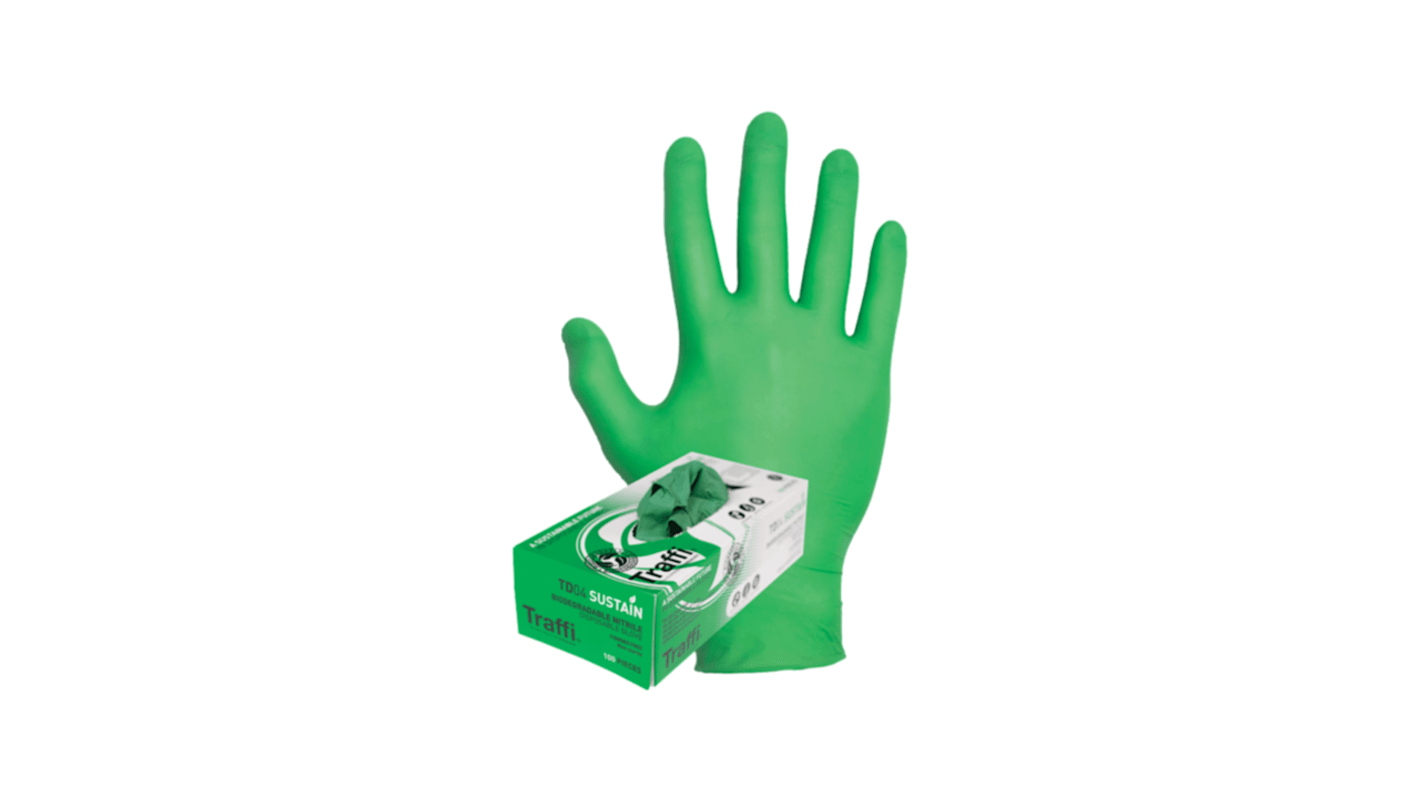 Traffi TD04 Green Powder-Free Nitrile Disposable Gloves, Size L, Food Safe, 100 per Pack