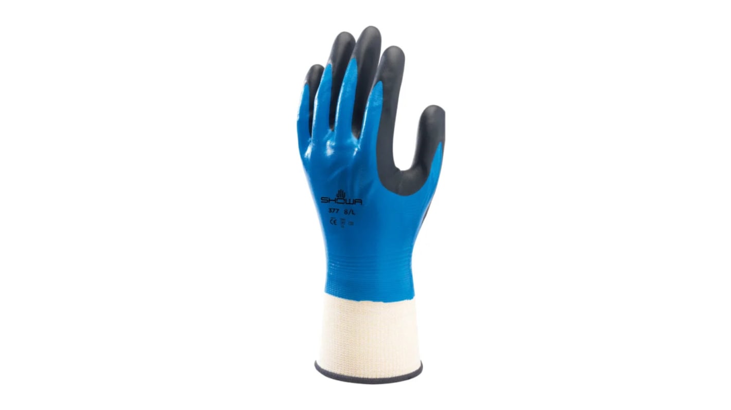 Showa Blue Nylon, Polyester Grip and Abrasion Resistance, Oil Resistant, Wet Resistance Work Gloves, Size 6, Nitrile