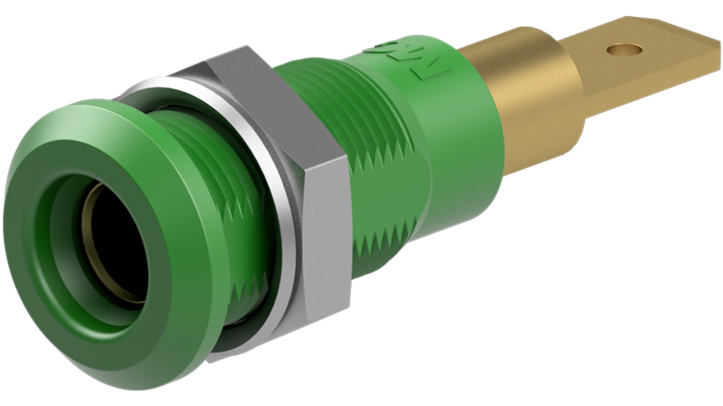 Stäubli Bananenbuchse Grün, Kontakt vergoldet, 30V ac / 25A Flachstecker