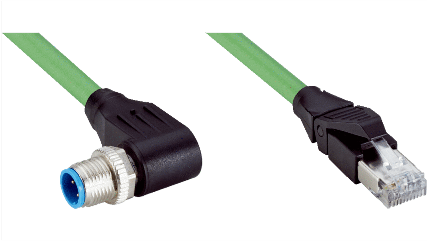 Conector y cable Sick, con. A M12 Macho, 4 polos, con. B RJ45 Macho, 4 polos, cod.: D, long. 5m, 300 V ac, 1,5 A, IP67