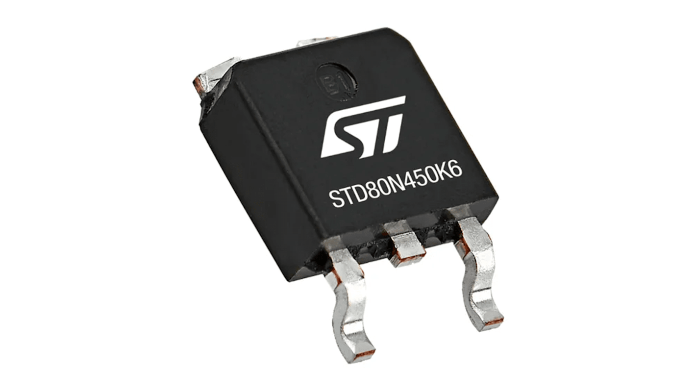 MOSFET STMicroelectronics STD80N450K6, VDSS 800 V, ID 10 A, Cinta y carrete
