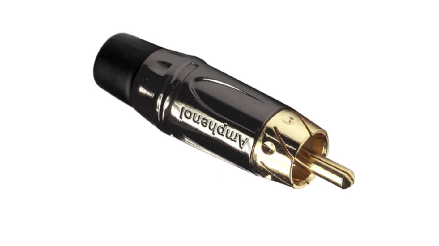 Conector RCA Macho Amphenol Audio, 10A, color Cromo negro, Montaje de Cable