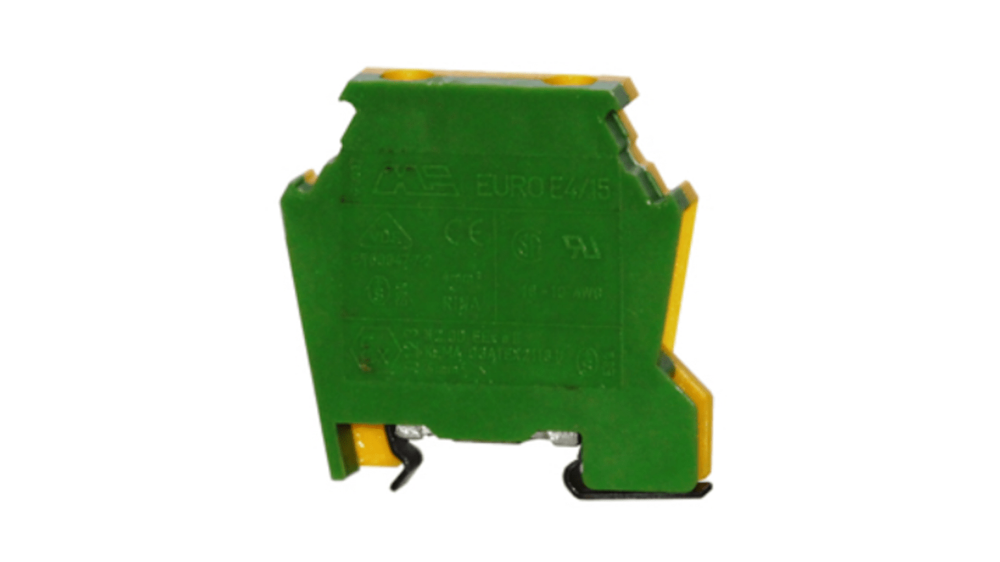 RS PRO 1-Way DIN Rail Earth Terminal Block, 6mm², 18 → 10 AWG Wire, Cage Clamp, PA 66 Housing