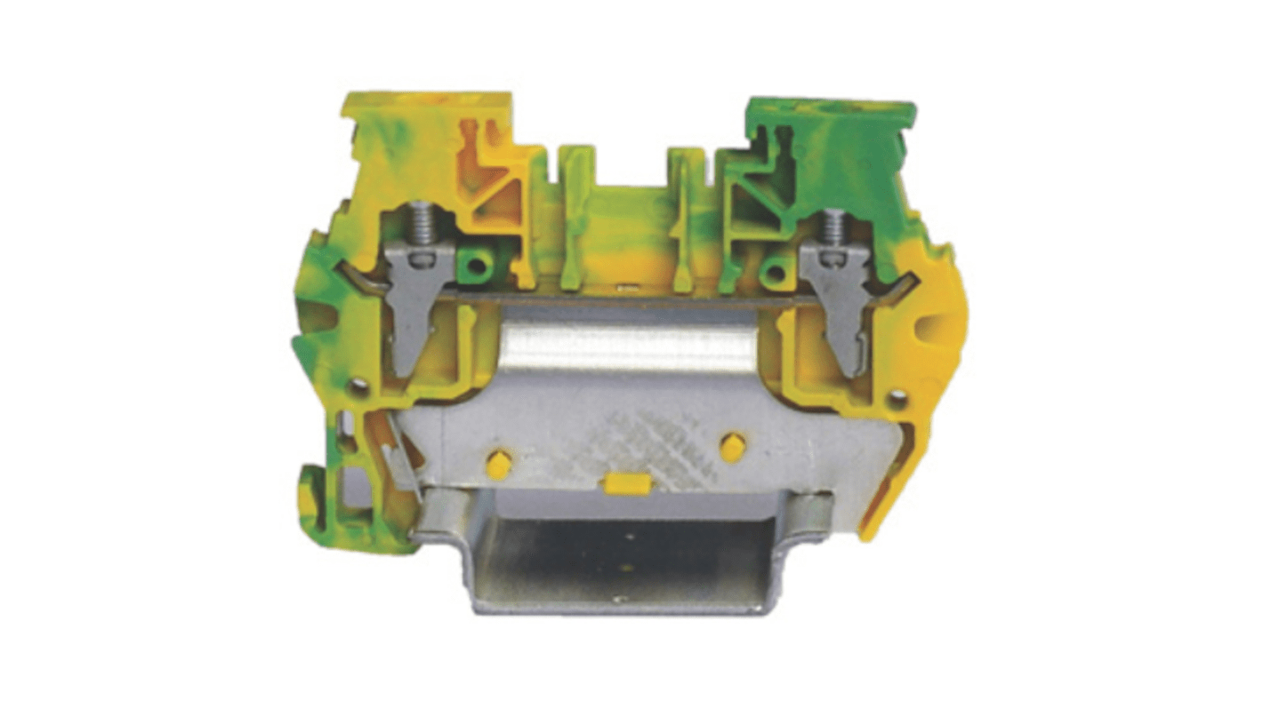 Bloque terminal de tierra, , 1 vía vías, Abrazadera, 24 → 10 AWG, Carril DIN, Verde, Amarillo