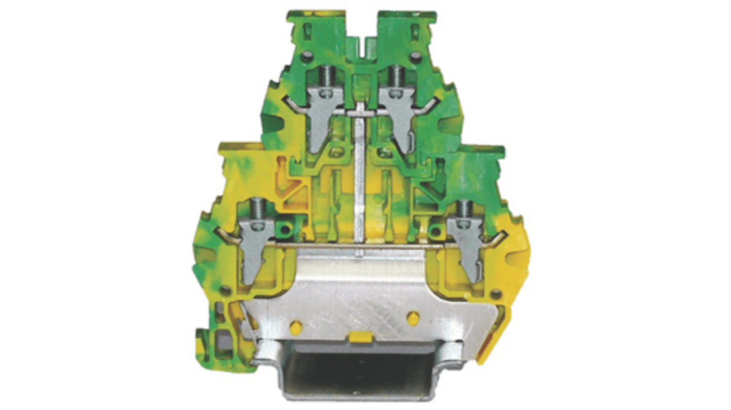 Bloque terminal de tierra, , 1 vía vías, Abrazadera, 24 → 10 AWG, Carril DIN, Verde, Amarillo