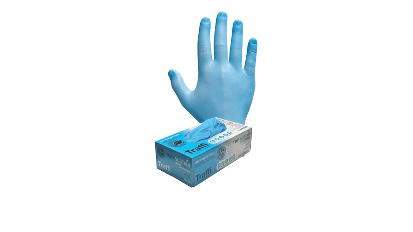 Traffi Blue Nitrile Disposable Gloves, Size L, 100 per Pack