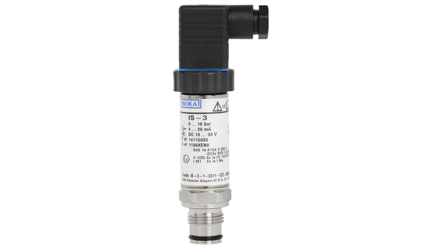 Sensor de presión Absoluto, Manométrica, De vacío WIKA, 0bar → 25bar, para Gas, aceite.