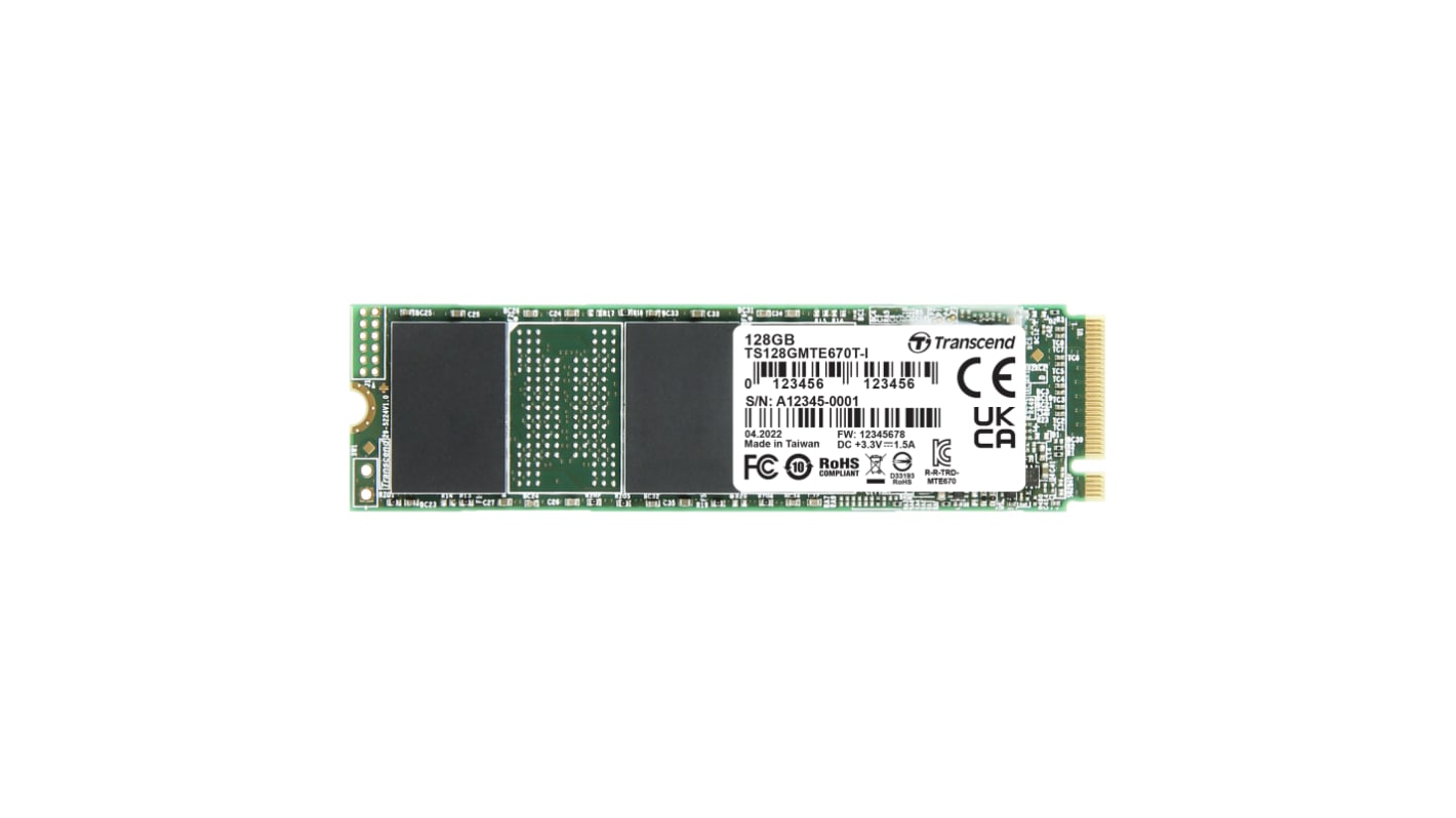 Disco duro SDD interno M.2 2280 Transcend de 128 GB, NVMe PCIe Gen 3 x 4, 3D TLC, para aplicaciones industriales