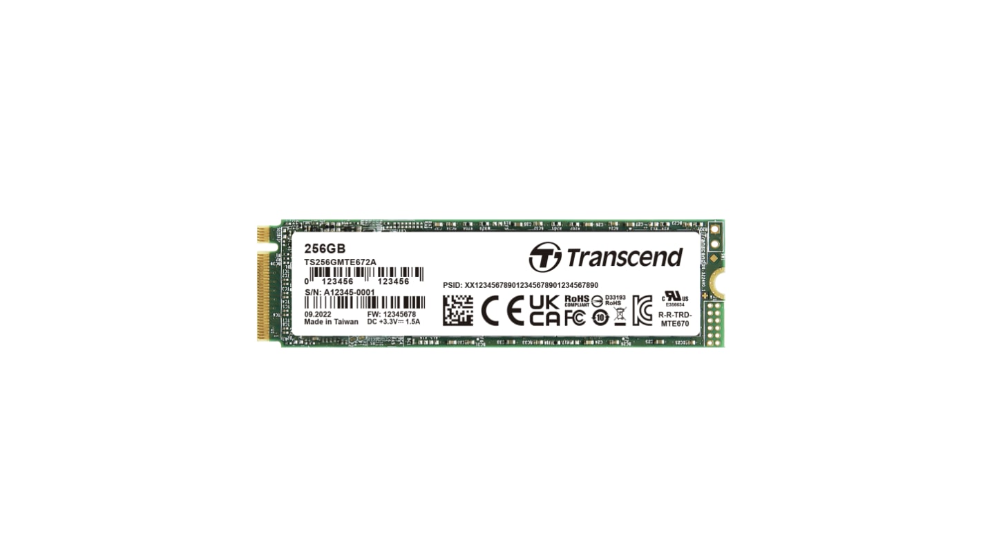 Disco duro SDD interno M.2 2280 Transcend de 256 GB, NVMe PCIe Gen 3 x 4, 3D TLC, para aplicaciones industriales