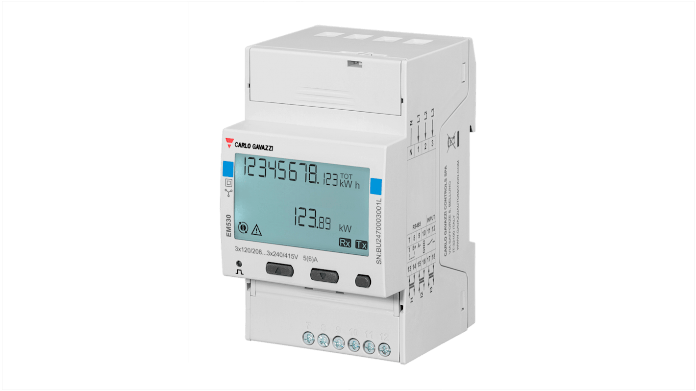 Elektroměr, řada: EM530 LCD 8+3číslicový 3fázový s impulzovým výstupem Carlo Gavazzi