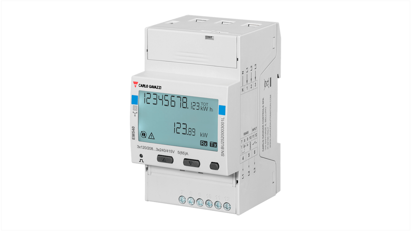 Medidor de energía Carlo Gavazzi serie EM540, display LCD, con 8+3 dígitos, 3 fases, dim. 53.4mm x 62.41mm