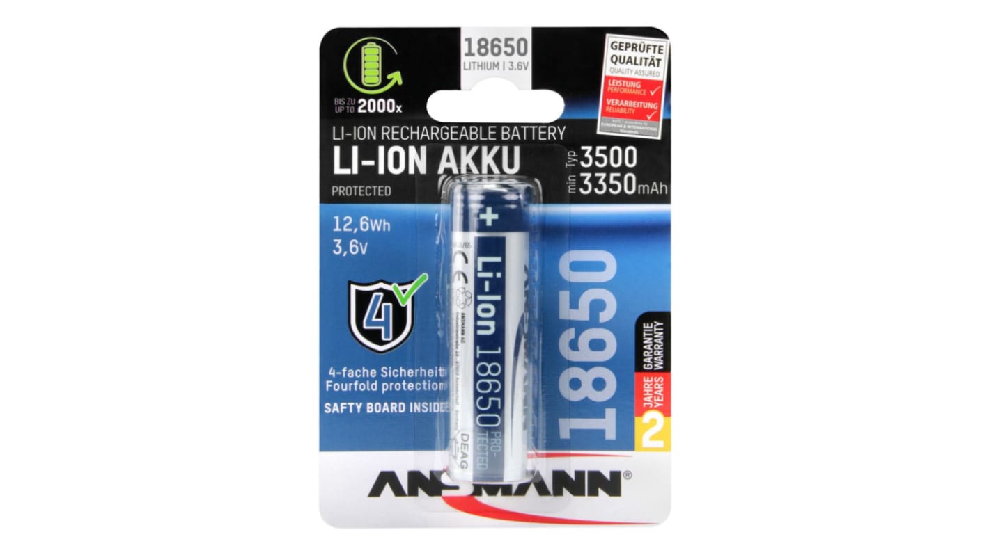 Pila recargable 18650 de Ión-Litio, 3.6V, 3.4Ah, Ansmann Li-Ion, terminal