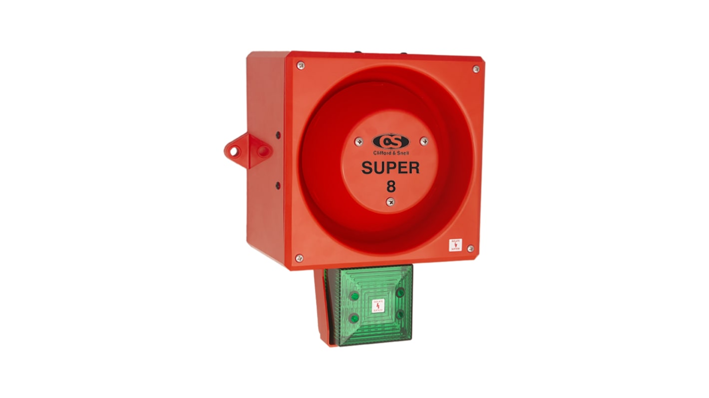 Indicator luminoso y acústico LED Clifford & Snell YL80 Hi Vis, 48 V dc, Verde, Intermitente, 120dB @ 1m, IP66