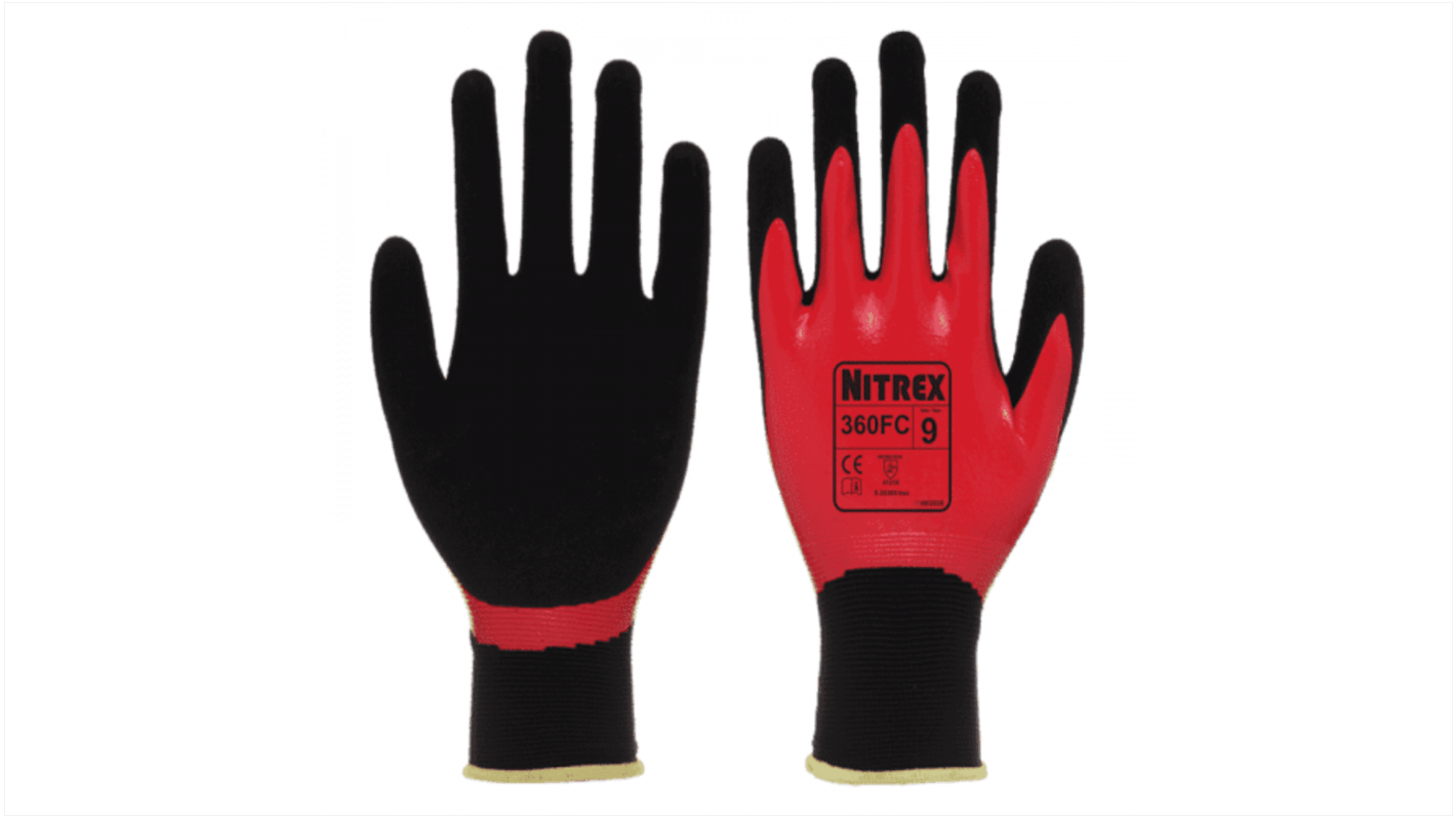 360FC* Red Nylon Abrasion Resistant, Dry Environment Work Gloves, Size 9, Large, Nitrile Coating
