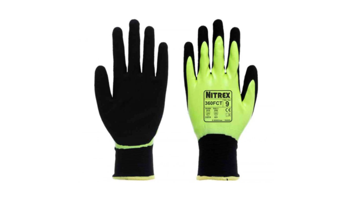 Guantes de trabajo de Acrílico, Nylon (forro) Negro Unigloves serie 360FCT*, talla 8, con recubrimiento de Nitrilo,