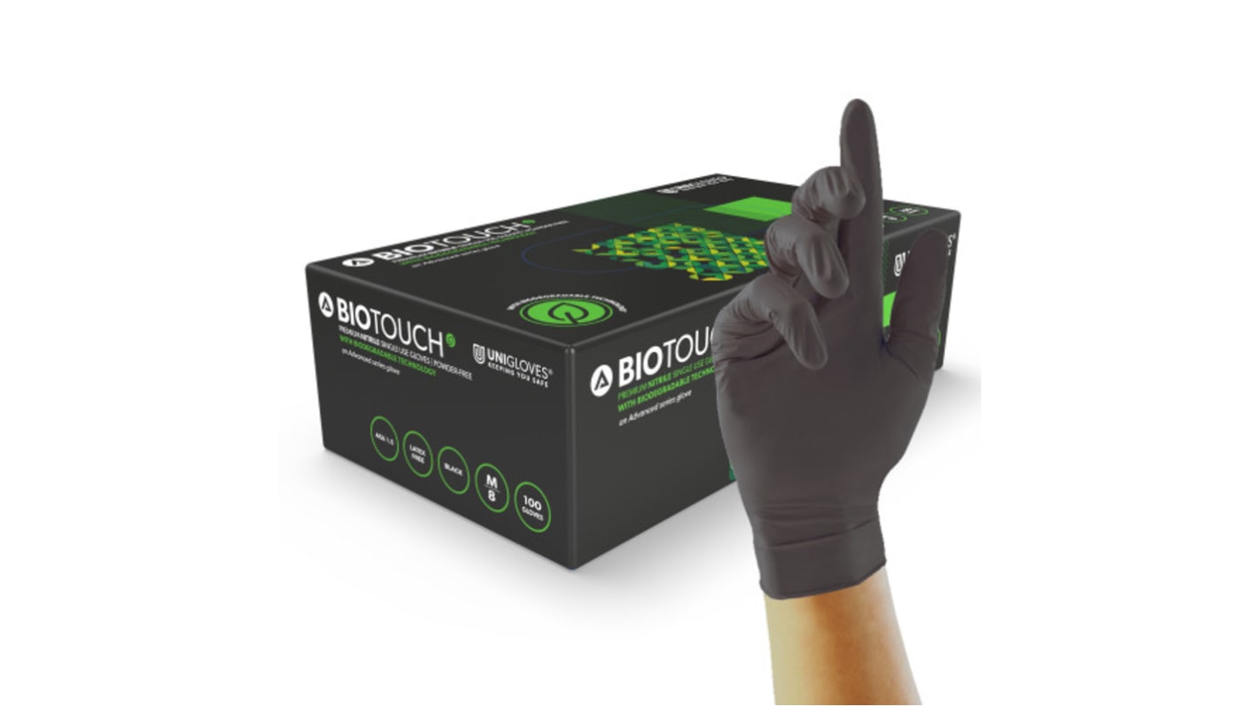 Unigloves GM009* Black Powder-Free Nitrile Disposable Gloves, Size M, Food Safe, 100 per Pack