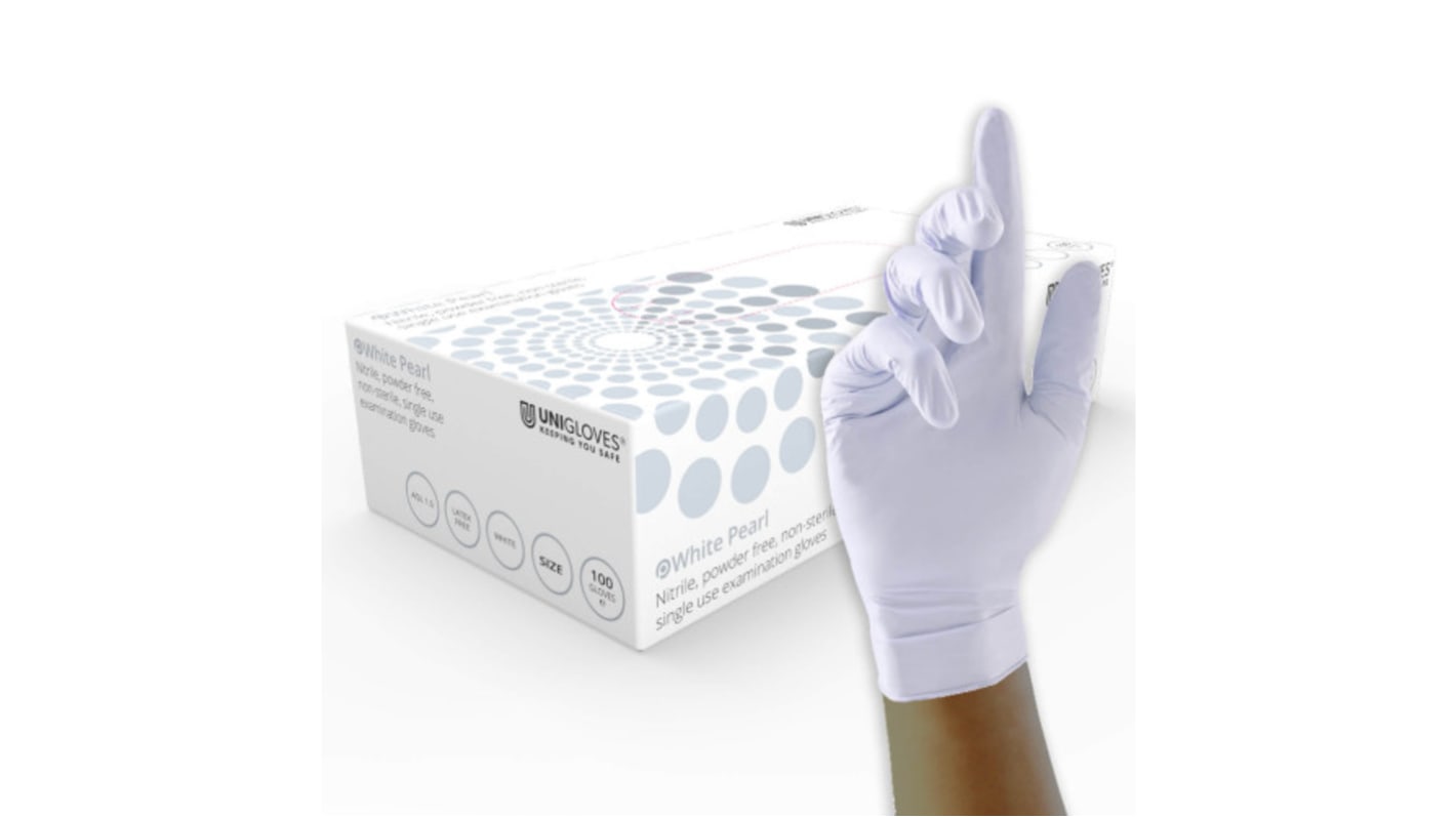 Uniglove GP0*** White Powder-Free Nitrile Disposable Gloves, Size M, Food Safe, 100 per Pack