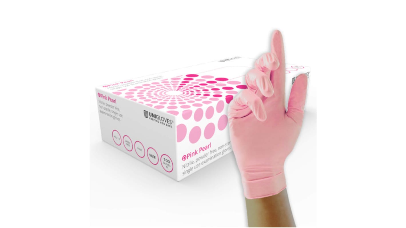 Unigloves 使い捨て手袋 耐薬品性、医療用 100入り ピンク, パウダーフリー, サイズ：XS