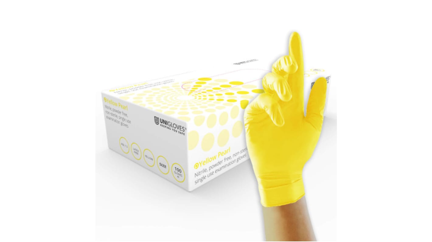 Guantes desechables Unigloves sin polvo de Nitrilo Amarillo, talla XS, caja de 100 unidades