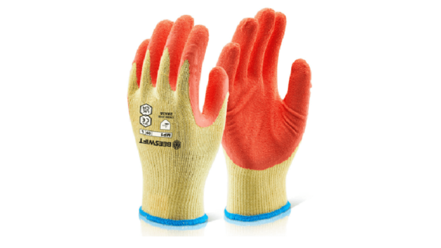 Beeswift  Arbejdshandsker, Latexovertrukket bomuld, Latex, Orange, Abrasion Resistant, Cut Resistant, Puncture