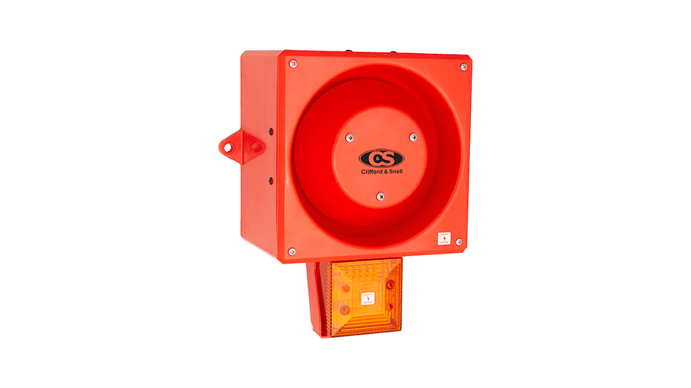 Clifford & Snell YL80 Hi Vis Series Amber Sounder Beacon, 115 V ac, IP66, Bulkhead, Flat Wall, 116dB at 1 Metre