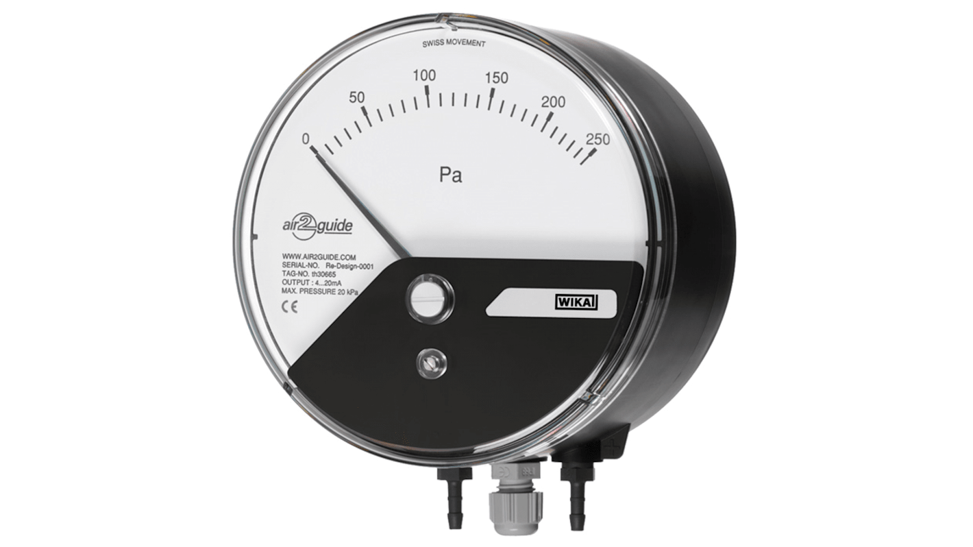 WIKA A2G-15 Differenzdruckmessgerät Prozessanschluss hinten Analog 0Pa → 750Pa, Ø 110mm G 1/8