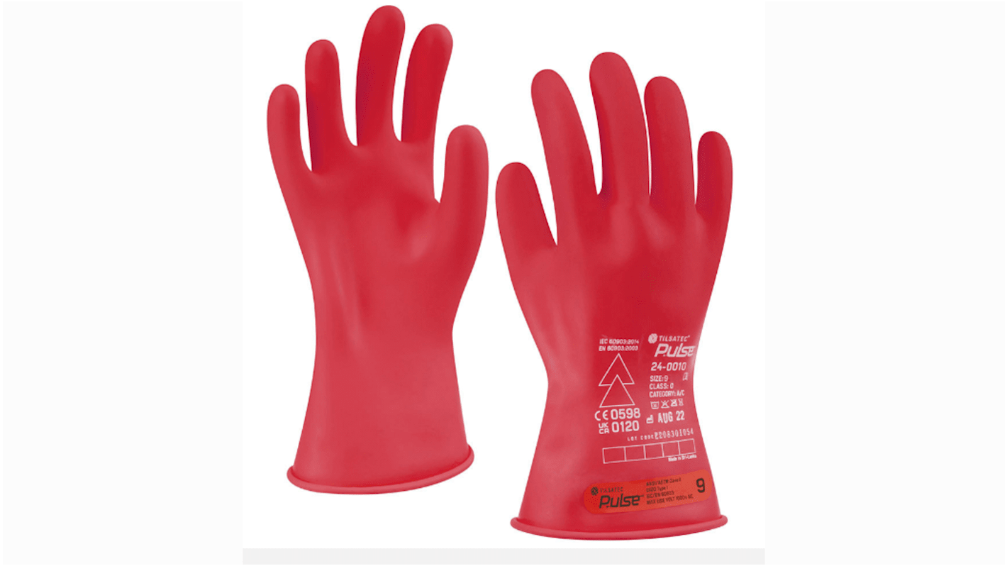 Tilsatec Pulse Red Rubber Electrical Safety Electrical Insulating Gloves, Size 9, Large, Latex Coating