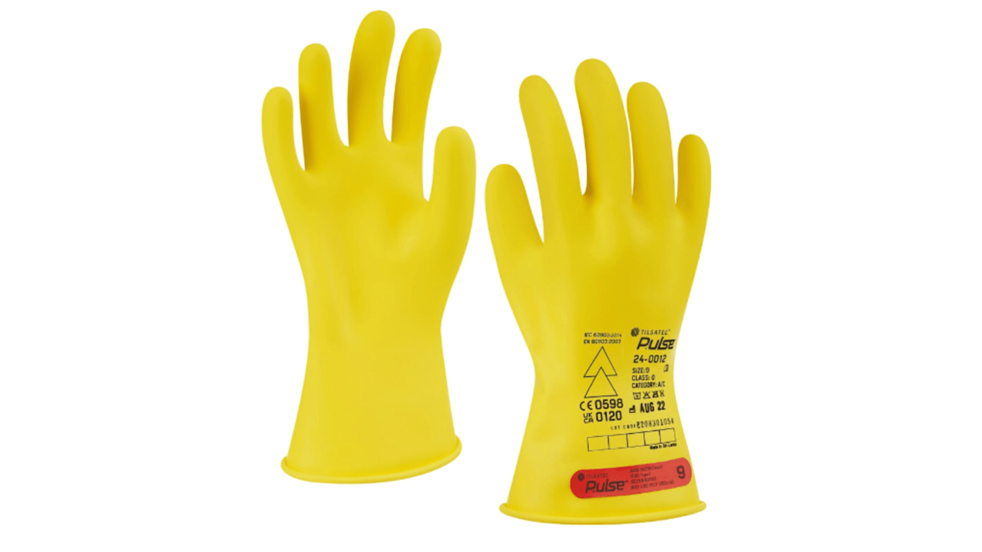 Tilsatec Pulse Yellow Rubber Electrical Safety Electrical Insulating Gloves, Size 8, Medium, Latex Coating