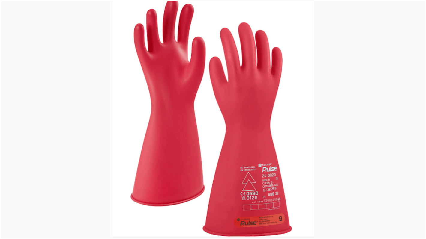 Tilsatec Pulse Red Rubber Electrical Safety Electrical Insulating Gloves, Size 9, Large, Latex Coating