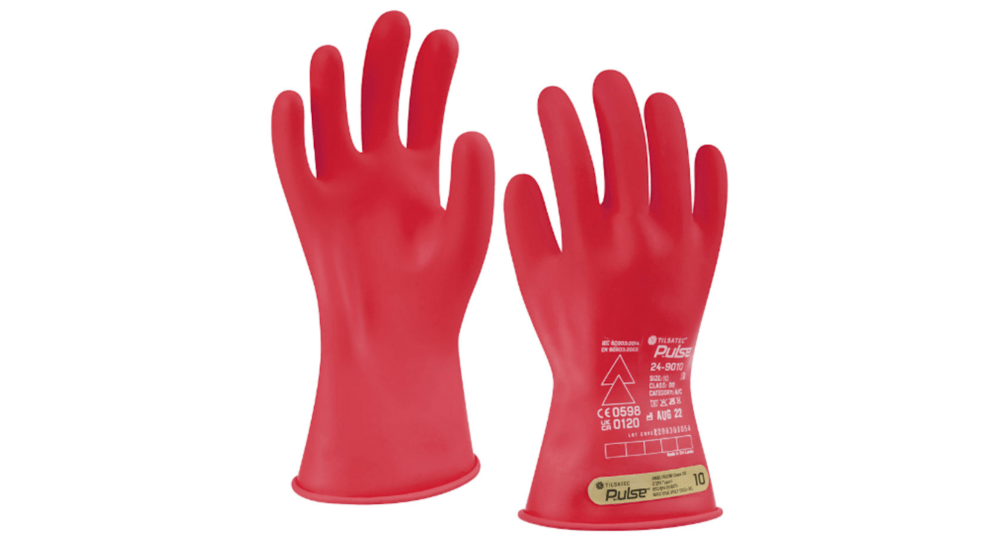 Tilsatec Pulse Red Rubber Electrical Safety Electrical Insulating Gloves, Size 8, Medium, Latex Coating