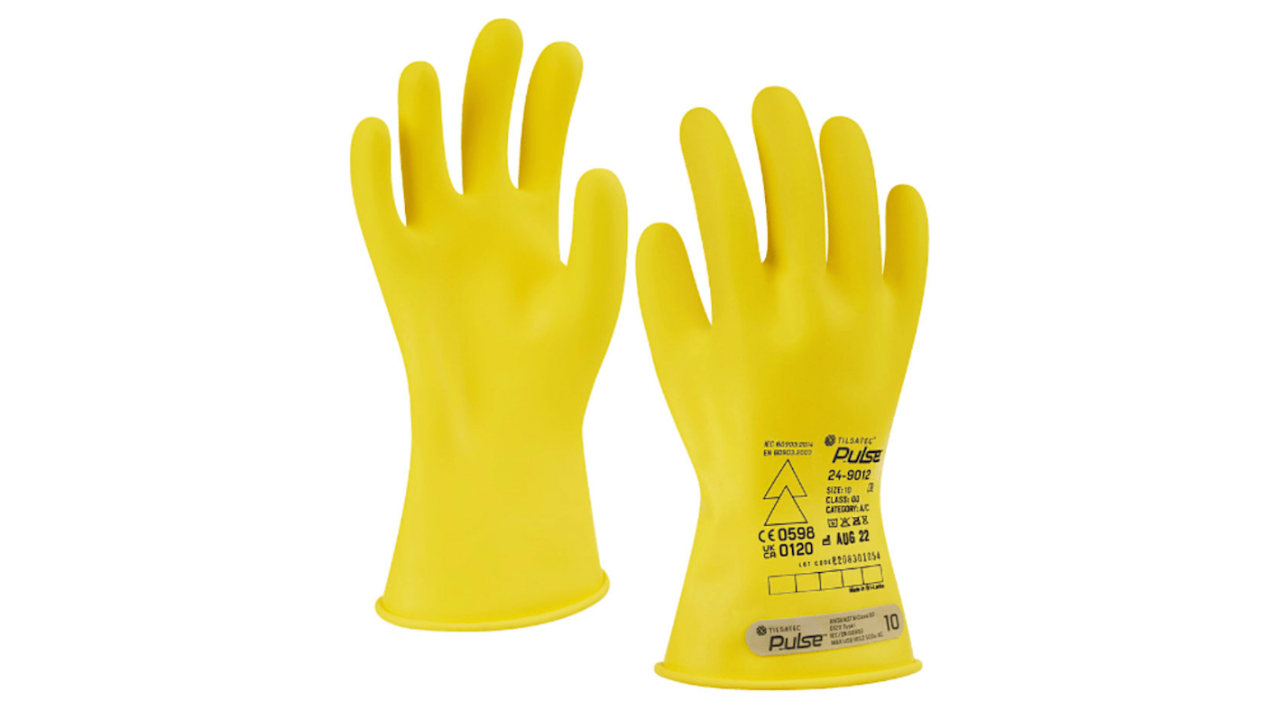 Guantes dieléctricos de Caucho Amarillo Tilsatec serie Pulse, talla 11, con recubrimiento de Látex, Seguridad eléctrica