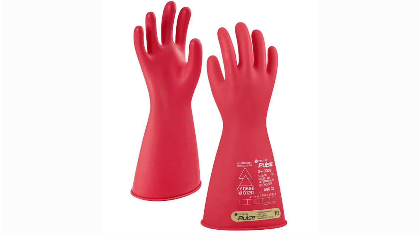 Tilsatec Pulse Red Rubber Electrical Safety Electrical Insulating Gloves, Size 8, Medium, Latex Coating